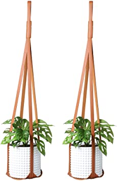 POTEY 620305 Plant Hanger - Indoor Vegan Leather Plant Hanger Modern Style for Decorative Plants Flower Pots, Simple Hanging Plant Holder 2 Pack 30 inch, Saddle Brown