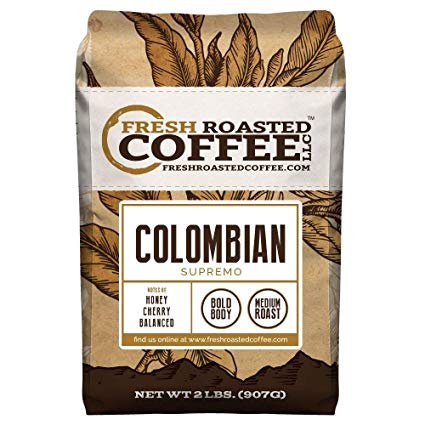 Fresh Roasted Coffee LLC, Colombian Supremo Coffee, Medium Roast, Ground Coffee, 2 Pound Bag