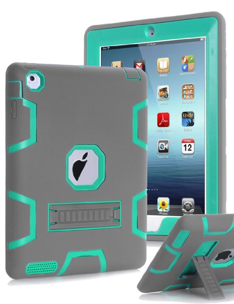 Topsky NTECeaq Shock-Absorption Three Layer Armor Defender Full Body Protective Case for iPad 2 3 4 with Stylus and Screen Protector - GreyGreen