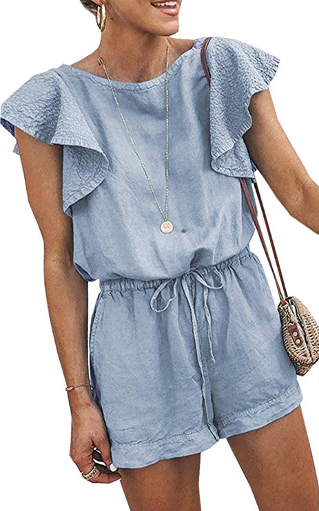 Angashion Women's Loose Casual Ruffle Cap Sleeve Short Jumpsuits Hollow Back Romper with Belt