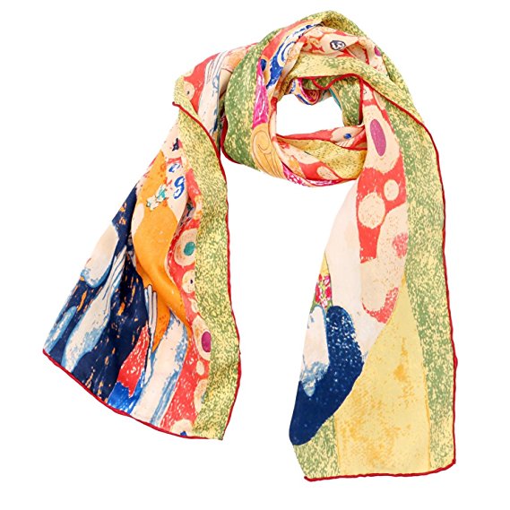 Luxurious 100% Charmeuse Silk Art Collection Long Scarf Shawl with Hand Rolled Edge, Van Gogh's "Cafe Terrace At Night", Gustav Klimt's "Giuditta Salome", Wassily Kandinsky's "Houses in Munich", Van Gogh's "Irises", Gustav Klimt's "Adele Bloch-bauer", Gustav Klimt's "The Virgin", Monet's "Water Lilies", Van Gogh's "Vase with Twelve Sunflowers"