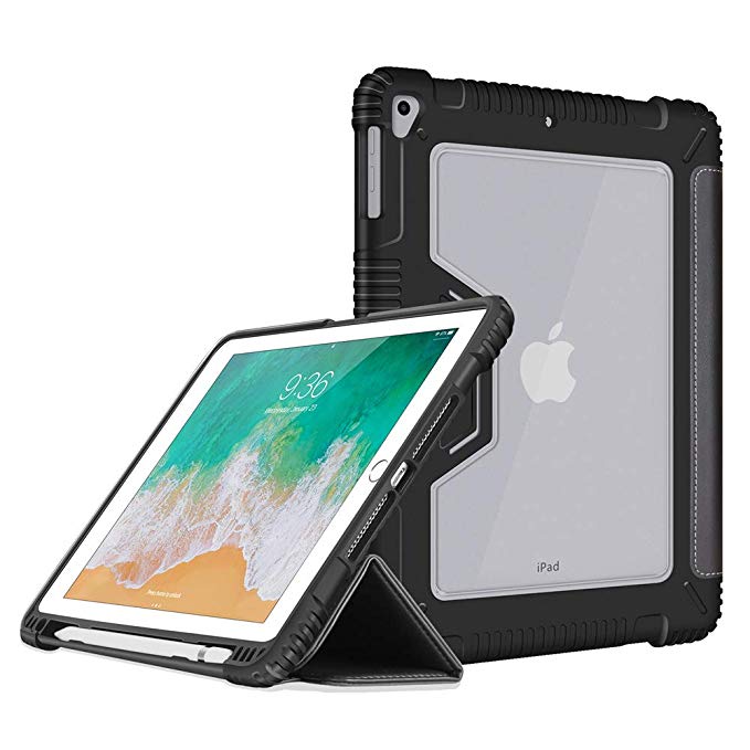 BIGPHILO [SPA Series Clear Case for iPad (5th Gen) / iPad (6th Gen) / iPad Air (1st Gen), Vegan Leather iPad Case with Built-in Pencil Holder, Heavy Duty Cover for iPad 9.7 inch 2017/2018, Black