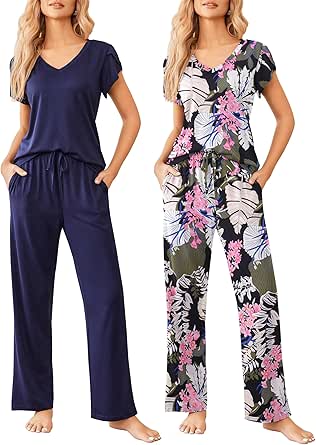 Ekouaer 2 Pack Womens Pajamas Short Sleeve Sleepwear Top with Pants Super-Soft Printed Lounge Sets S-XXL