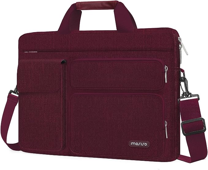 MOSISO Laptop Shoulder Messenger Bag Compatible with MacBook Air 15 inch M2 A2941 2023/Pro 16 2023-2019, 15-15.6 inch Notebook with 2 Raised&1 Flapover&1 Horizontal Pocket&Handle&Belt, Wine Red