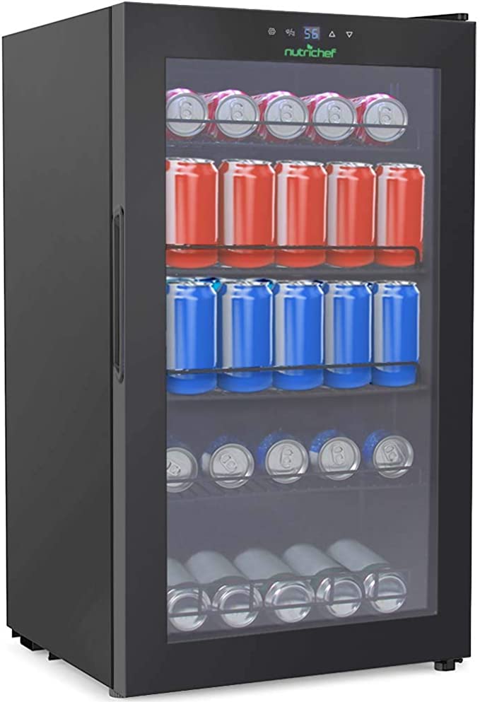 NutriChef PKTEBC80.5 18.69 Gallon Freestanding/Kitchen Countertop Black Electric Center Cooler Soda Beer Refrigerator w/Built-in Fan, Clear Glass Door 132-Can Canned Beverage Mini Fridge