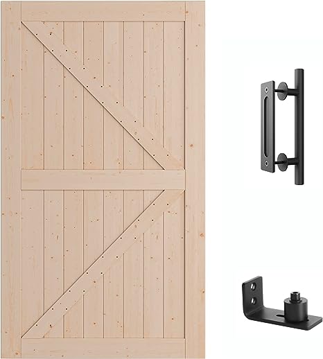 SmartStandard 48in x 84in Barn Door Kit, (Sliding Door & Pull and Handle Set & Floor Guide), Pre-Drilled Ready to Assemble, Natural Unfinished Solid Wood Door, K-Frame (Fit 8FT Rail)