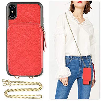 iPhone Xs Max Case, ZVE iPhone Xs Max Zipper Wallet Case with Credit Card Holder Slot Crossbody Chain Handbag Purse Shockproof Protective Case Cover for Apple iPhone Xs Max, 6.5 inch - Red