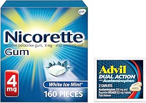 Nicorette 4 mg Nicotine Gum to Help Quit Smoking - White Ice Mint Flavored Stop Smoking Aid, 1-Pack, 160 Count, Plus Advil Dual Action Coated Caplets with Acetaminophen, 2 Count