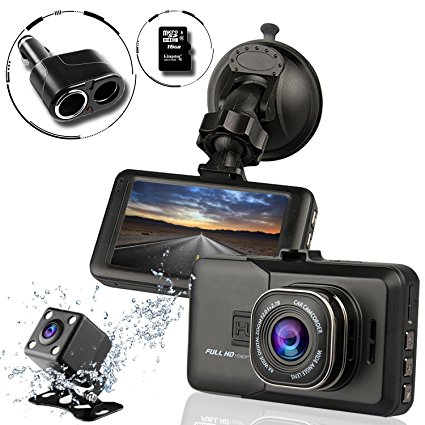 Ampulla Sentry HD Dash Cams for cars front and rear Cameras for cars Car DVR Full HD1080 170° Wide Angle (Included FREE 16GB Micro SD Card & 2-Socket Plug)