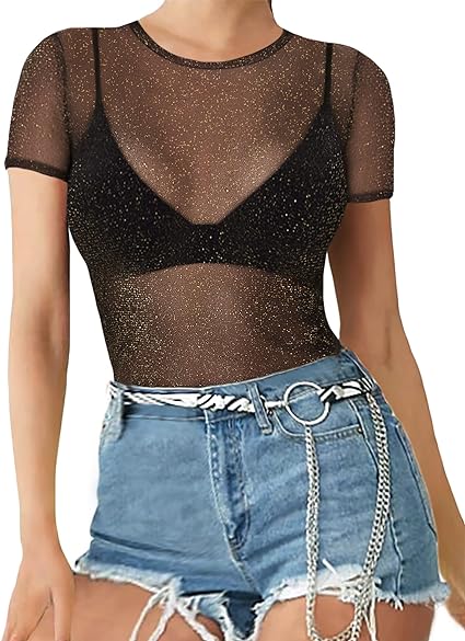 MANGOPOP Glitter Sheer Mesh Top Women Short Long Sleeve Sexy Shirt See Through Clubwear Tee Slim Blouse