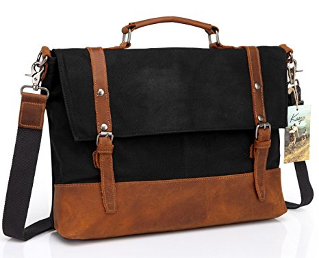 Leather Messenger Bag,Kasqo Water Resistant Waxed Canvas Briefcase Vintage Crossbody Shoulder Bag,Leather Satchel Black with 15.6 inch Laptop Sleeve