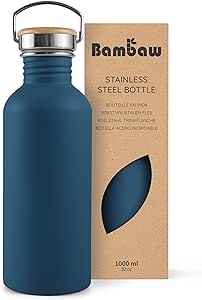 Bambaw Non-insulated Water Bottle 32oz, Blue Water Bottle with Handle, Stainless Steel Single Wall Water Bottle Dishwasher Safe, 1 Liter Water Bottles Reusable, Large Water Bottle – Aegean Blue