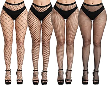 Fullsexy Plus Size Stockings, Fishnet Tights Thigh High Fishnet Stockings Pantyhose with 4 Thongs for Women
