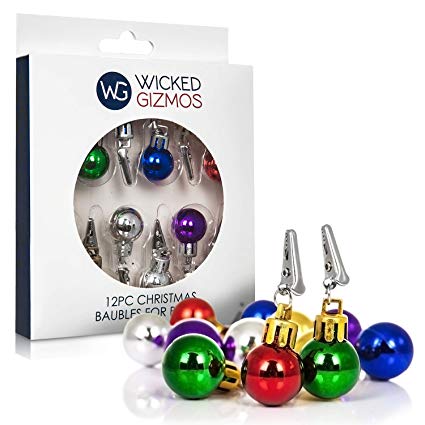 WICKED GIZMOS 12 Multi Coloured Mini Christmas Hair and Beard Decoration Baubles with Crocodile Clips – The Classic Novelty Fun Festive Fantastic Party Accessory or Secret Santa Gift