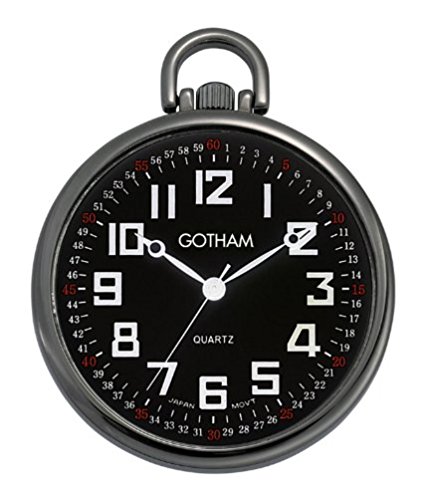 Gotham Men's Gun Metal Ultra Thin Railroad Open Face Quartz Pocket Watch # GWC15022BBK