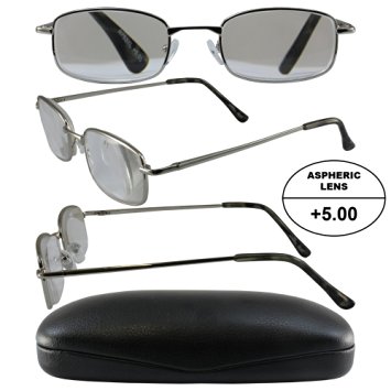 Men's High-Powered Reading Glasses: Silver Frame and Black Case  5.00 Magnification Aspheric Lenses