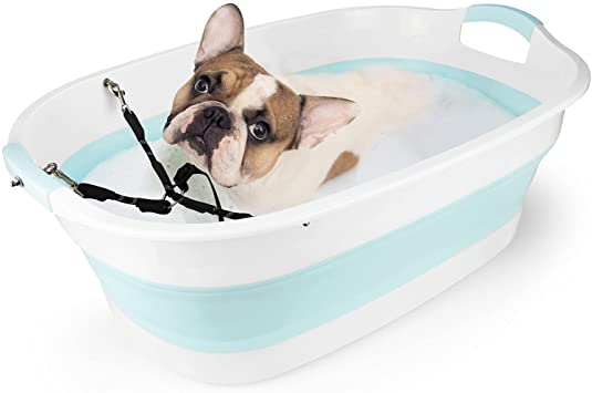 eXuby Refreshing Portable Puppy Bathtub with Adjustable Harness - Fits Small Dogs Up to 20lbs - Collapsible for Cleaning Paws and Easy Storage - Drains Quickly - 2 Comfortable Carry Handles