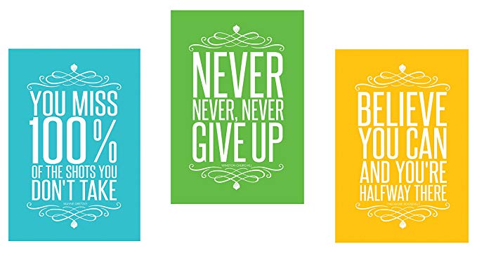Set of 3 Colorful Large Big Posters (13 X 19) Motivational Inspirational Sports Quote Wall Art Posters UNFRAMED Wall Decor Home Office Classroom Dorm Room Baby Gym Entrepreneur Teen Nursery