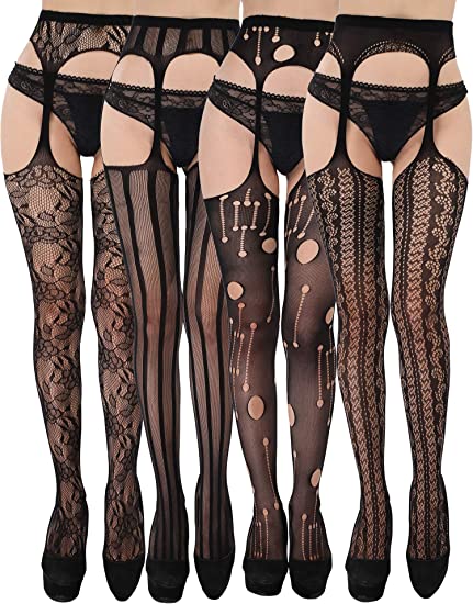 4 Pairs Woman's Lace Suspender Stockings Thigh-High Pantyhose Stockings Fishnet Tights for Dressing Favors