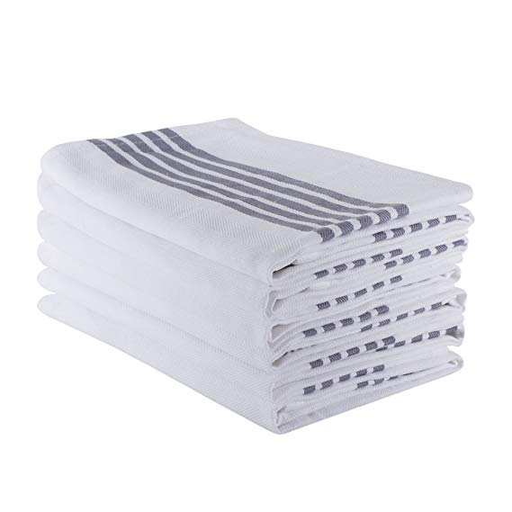 The Weaver's Blend Set of 6 Kitchen Towels, Stripe Design, 100% Cotton, Absorbent, Size 28”x18”, Grey Stripe,Kitchen Towels and Dish Cloths