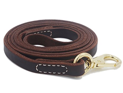 YOGADOG Genuine Leather Dog Training Leash, Brown. Large Metal Clasp for Medium and Large Dogs. Lifetime Gurantee