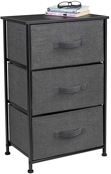 Sorbus Nightstand with 3 Drawers - Bedside Furniture & Accent End Table Storage Tower for Home, Bedroom Accessories, Office, College Dorm, Steel Frame, Wood Top, Easy Pull Fabric Bins (Black/Charcoal)