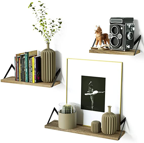 Roolee Floating Shelves Decorative Wall Shelf in Retro Style with Iron and Wood Storage Display Book Shelf Set of 3