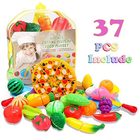 Magicfly Play Cutting Food for Kids, 37 Pcs Kitchen Toys Fun Cutting Fruits Vegetables with Pizza Play Food Set Pretend Cutting Food Playset with Carry Bag for Children Girls Boys