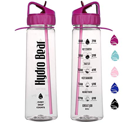 Hydro Bear Motivational Fitness Sports Water Bottle with Time Marker | Measurements | Drink More Water Daily | BPA Free Tritan with Flip Straw | for Outdoors Camping Hiking Cycling | Large 30 Ounce