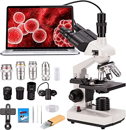 Compound trinocular Microscope, 40X-5000X Magnification, Digital Laboratory trinocular Compound LED Microscope with USB Camera and Mechanical Stage, WF10x and WF20x eyepieces, Abbe Condenser