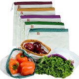 Eco Friendly Washable and Reusable Produce Bags - Soft Premium Lightweight Cotton Muslin Canvas Large - 12 X 14 - Set of 5 Red Yellow Green Blue Purple  By Naturally ConsciousTM