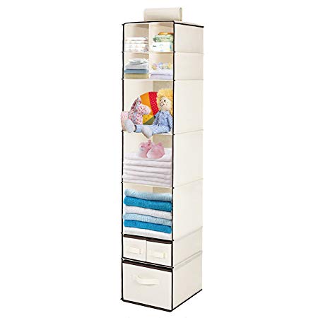 MaidMAX 7 Tiers Cloth Hanging Shelf with a Widen Strap, 3 Foldable Drawers and Divided Panels for Closet Organizer, Beige, 53 Inches High