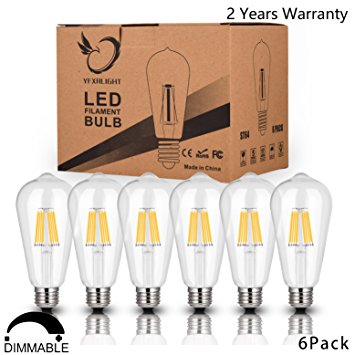Antique LED Bulbs, 8W ST64 Dimmable Vintage Edison LED Bulbs, 80W Incandescent Equivalent, Squirrel Cage Filament with 360° Beam Angle, Soft Warm White 2700K, 680 Lumens, E26 Clear Glass, Pack of 6