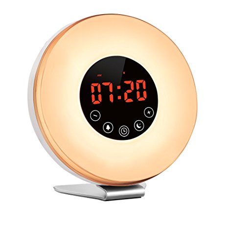 Alarm Clock,Witmoving Bedside Sunrise Simulator with Brightness Automatic Adjustment, 6 Nature Sounds ,FM Radio,Wake Up Light,Easy Set Up via Touch Control,Powered by USB Charger or Wall Jack