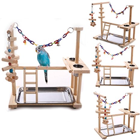 QBLEEV Parrot Playstand Bird Playground Wood Perch Gym Playpen Ladder with Toys Exercise Play (Include a Tray)