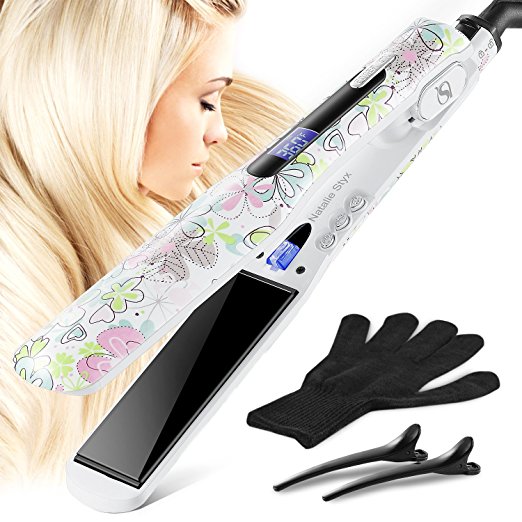 Natalie Styx Butterfly Colourful Flat Iron Professional Tourmaline 1.5 Inch Ceramic PTC Heating Plates with LCD 4-Levels Temperature Control Anti-Scald Salon Hair Care Flat Iron gift pack for girls