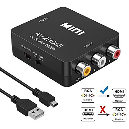 RCA to HDMI Converter,1080P Mini AV to HDMI Converter CVBS AV Composite Video Audio Adapter with USB Charg-e Cable for TV/PC/ PS3/ STB/Xbox VHS/VCR/Camera DVD