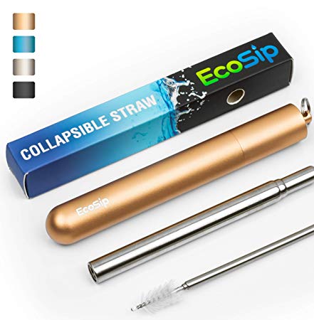 EcoSip Collapsible Telescopic Straw | Metal Stainless Steel | Reusable Portable Cute | Final Eco Folding Straws Home Travel | Cleaning Brush | Key Ring Hard Case | Silicone Tip | 4 Colors (Rose Gold)