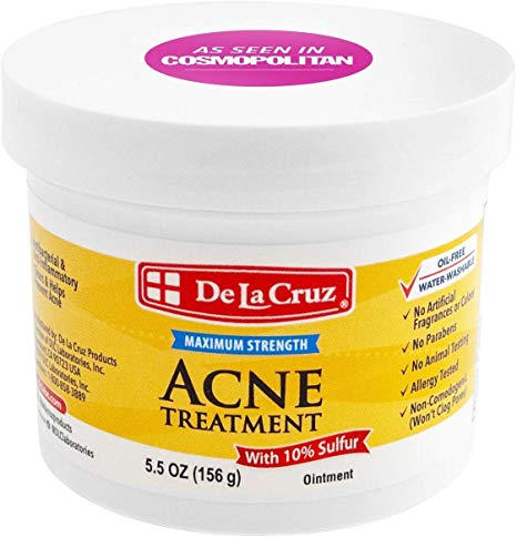De La Cruz® 10% Sulfur Acne Treatment, Maximum Strength and Water-Washable to Clear Face and Body Acne, for Adults and Teens, Jumbo Size, 5.5 Ounces