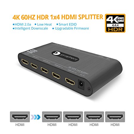 gofanco Prophecy Intelligent 4K 60HZ HDR 1x4 HDMI 2.0 Splitter - 4:4:4, 3D, HDMI 2.0a, HDCP 2.2, EDID, 18Gbps, Auto Scaling, Low Heat, Cascadable, Firmware Upgradable, 4 port 1 in 4 out