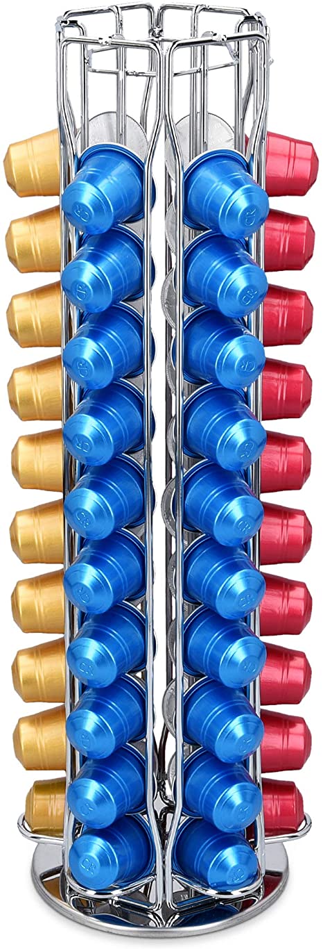 Navaris Carousel Compatible with Nespresso Capsules - 60 Capsule Holder - Spinning Coffee Pod Tower Storage Pods Dispenser Stand - Chrome Metal Rack