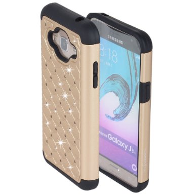 Galaxy J3 Case Nuomaofly Studded Rhinestone Crystal Bling Diamond Hybrid Armor Defender Dual Layer Case Cover for Samsung J3109 2016 Gold and Black