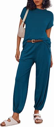 Ekouaer Women's 2 Piece Lounge Set Cap Sleeve Tops and Jogger Pants Knit Pajama Sweatsuit S-XXL