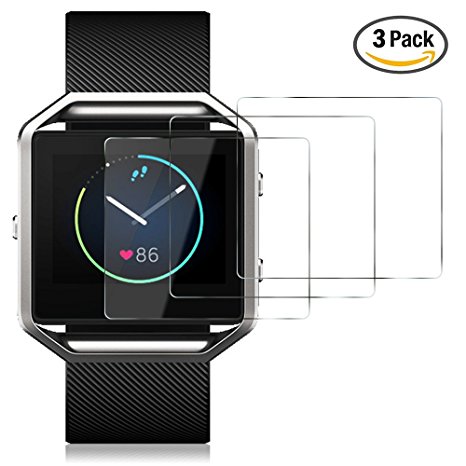 Screen Protector for Fitbit Blaze Smart Watch, AFUNTA Tempered Glass Film Anti-Scratch High Definition Shield (3 Pack)