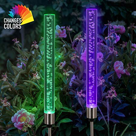 Exhart Solar Bubble Stake Lights, 2 Pack Acrylic Tube Light, RGB Color Changing Solar Garden Decor for Pathway, Patio, Yard, Driveway, Events & More (1” W Bubble Light 10" H, 28” Total)