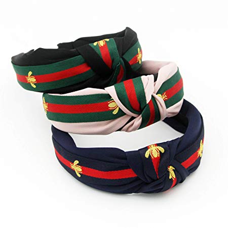 Red Green Stripe Headbands for Women - Hair Hoops with Bee Animal - Cross Knot Hairbands with Cloth Wrapped for Girls - 3Pcs (Bee Animal Style)