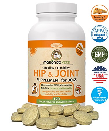 Makondo Pets Hip and Joint Supplement with Glucosamine for Dogs, Turmeric, Chondroitin, MSM, Vitamins, Fish Oil and Natural Boswellia - Get the Best Joint Supplement for Dogs
