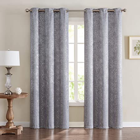 Dainty Home Chic Home Artistic Printed Lurex Foil Heavy Weave Thermal Black Noise Reducing Blackout Curtain Panel Pair, 76''W x 63''L, Silver, 2 Piece