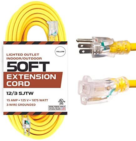 Outdoor Extension Cord - 12/3 SJTW Heavy Duty Yellow 3 Prong Extension Cable - Great for Garden and Major Appliances (50 Foot - Yellow)