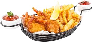 Restaurantware 13 x 6 x 2.2 Inch Restaurant Basket 1 Oval French Fry Basket - With 2 Ramekin Holders Reusable Black Iron Serving Baskets For Chicken Tenders Hot Dogs Wings Or Onion Rings Durable